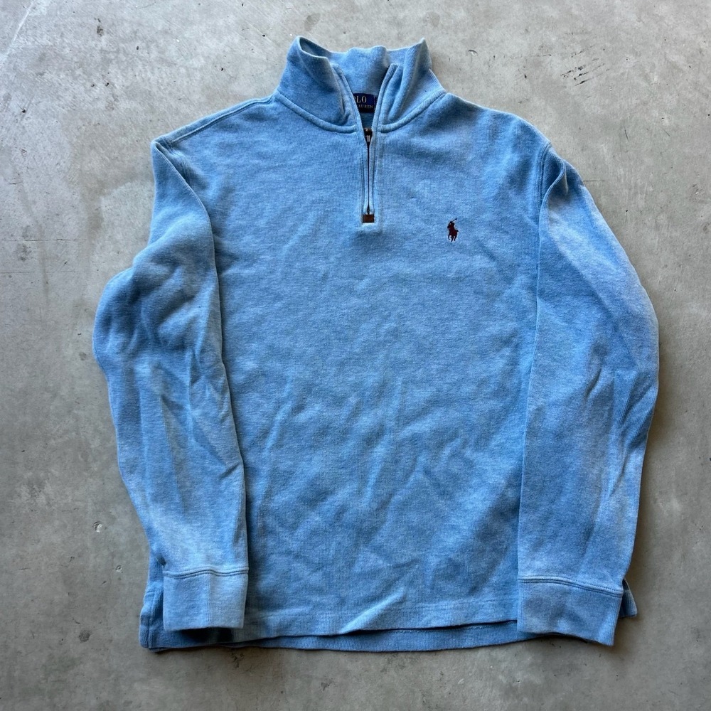 Polo Ralph Lauren Mens Medium Light Blue Quarter Zip Pullover Sweater Pony Logo